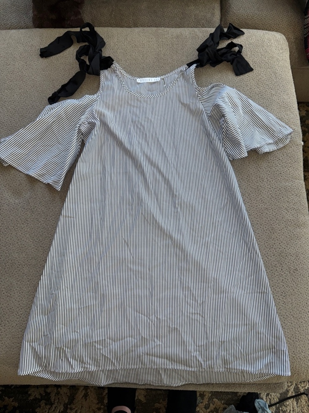 Potter's Pot Black and White Striped Cold-Shoulder Dress with Tie Straps